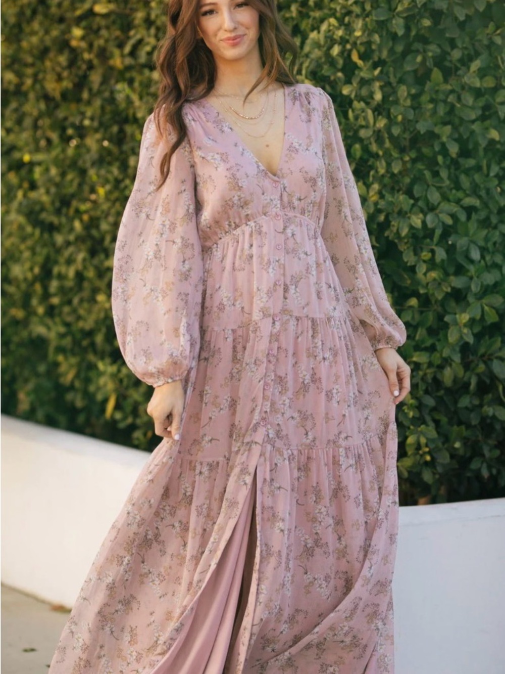Women's Dusty Pink Floral Tiered Maxi Dress